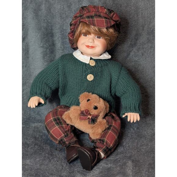 10" Irish Porcelain Sitting Irish Male Doll Plaid Hat & Pants Green Knit Sweater - Picture 1 of 7
